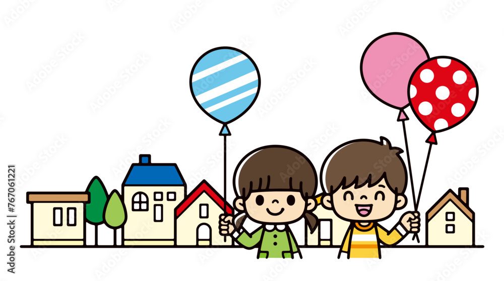 illustration of boy and girl with balloons in a residential area illustration of boy and girl with balloons in a residential area
