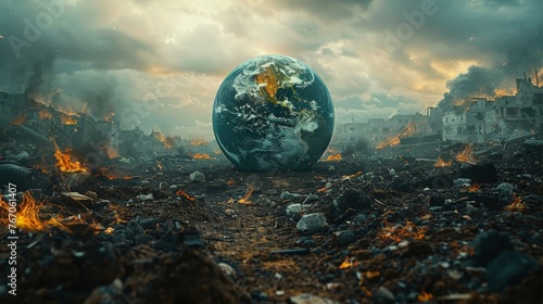 Platonic Earth destroyed by pollution. Climate catastrophe concept (global warming, greenhouse effect).