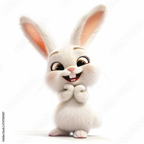 Funny white rabbit character on white background, Easter bunny. 