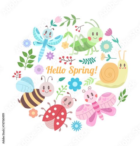 Spring illustration with baby insects and flowers on a white background. Vector flat illustration in circle shape