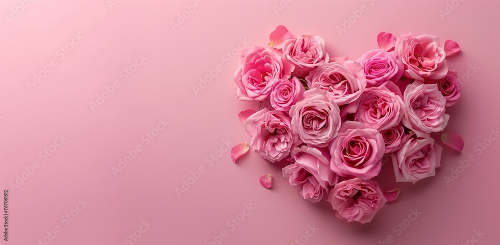 Elegant Pink Roses Forming a Heart Shape on Pastel Pink Background with Copy Space, Top View - Romantic Valentine's Day Concept, High-Quality Nikon D850 Style Image, Natural Lighting, Soft Tones, Mult