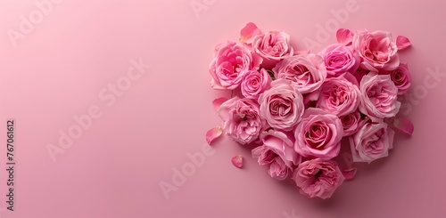 Elegant Pink Roses Forming a Heart Shape on Pastel Pink Background with Copy Space  Top View - Romantic Valentine s Day Concept  High-Quality Nikon D850 Style Image  Natural Lighting  Soft Tones  Mult