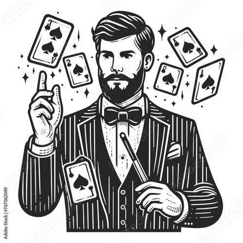 magician card trick illusionist sketch engraving generative ai fictional character vector illustration. Scratch board imitation. Black and white image.