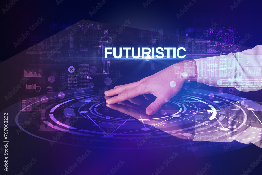 Businessman touching huge display Businessman touching huge display
