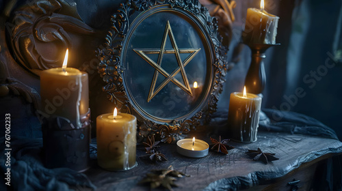Mystical Pentagram Ritual with Candles and Moody Lighting © PLATİNUM