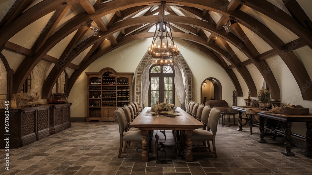 French chateau-inspired wine tasting room with vaulted wood ceilings and custom wrought iron tasting table.