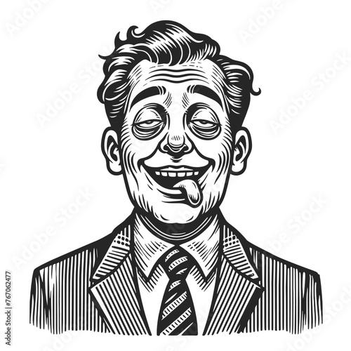 Drunk jovial man in a suit sticking his tongue out, sketch engraving generative ai fictional character vector illustration. Scratch board imitation. Black and white image.