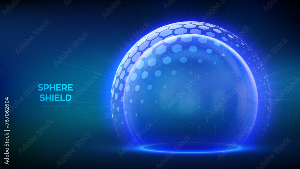 Protection sphere shield with hexagon pattern on blue background. Glass Dome shield. Glowing bubble shield in the form of a force energy field. Protection and safety concept. Vector illustration. - obrazy, fototapety, plakaty 