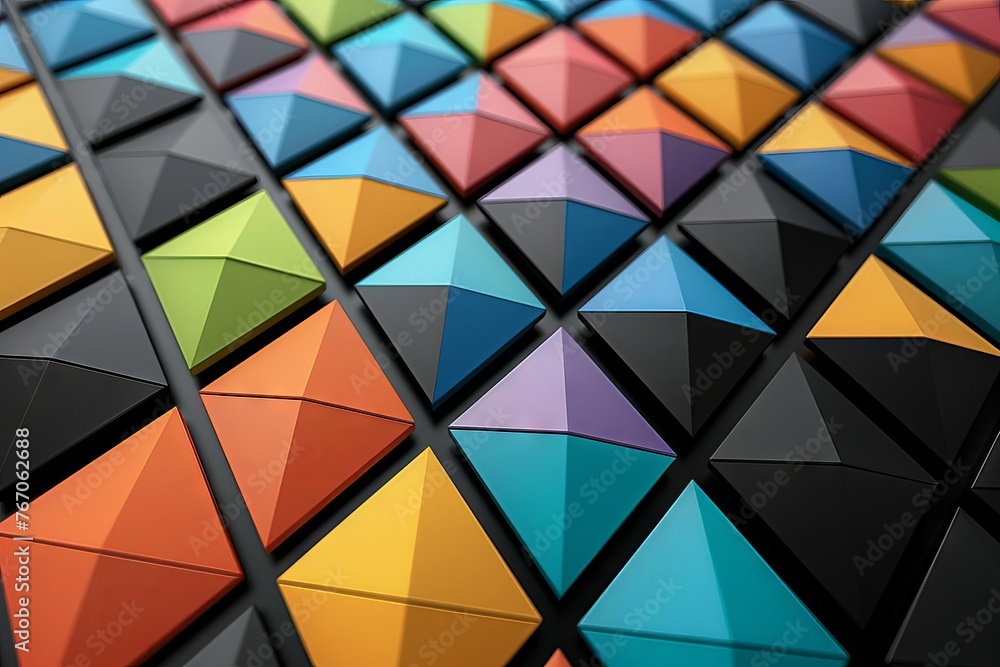 Abstract background with multi-colored triangular tiles and black blocks, 3D render Abstract background with multi-colored triangular tiles and black blocks, 3D render