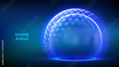 Protection sphere shield with hexagon pattern on blue background. Glass Dome shield. Glowing bubble shield in the form of a force energy field. Protection and safety concept. Vector illustration. photo
