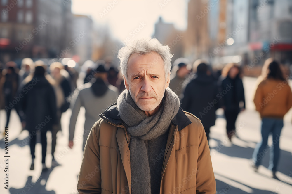Middle aged man standing alone in city, looking at camera while crowds of people are whizzing around. Concept of loneliness, introvert, living in solitude. Mental health, antisocial, avoiding people. Middle aged man standing alone in city, looking at camera while crowds of people are whizzing around. Concept of loneliness, introvert, living in solitude. Mental health, antisocial, avoiding people.