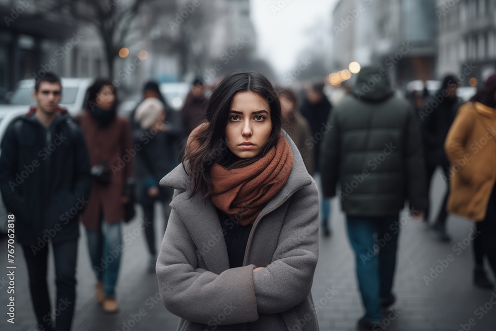 Young woman standing alone in city, looking at camera while crowds of people are whizzing around. Concept of loneliness, introvert, living in solitude. Mental health, antisocial, avoiding people