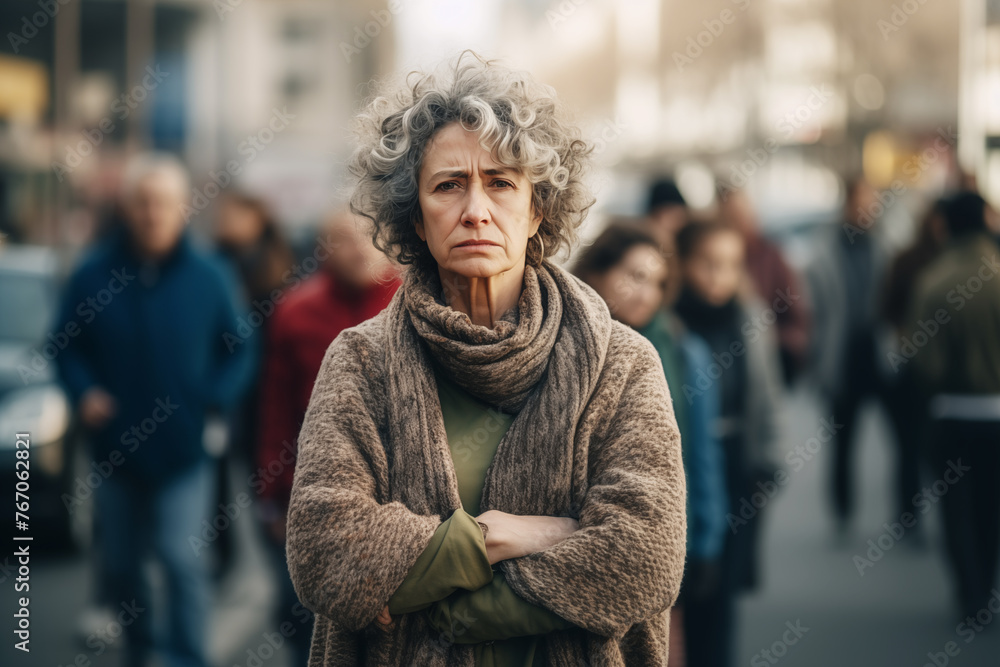 Middle aged woman standing alone in city, looking at camera while crowds of people whizzing around. Concept of loneliness, introvert, living in solitude. Mental health, antisocial, avoiding people. - obrazy, fototapety, plakaty 
