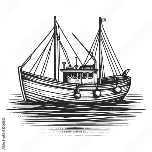 fishing boat ship trawler at sea, complete with rigging and nets, evoking the maritime tradition sketch engraving generative ai vector illustration. Scratch board imitation. Black and white image.