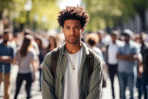 Young afro American man standing alone in city, looking at camera while crowds of people whizzing around. Loneliness, introvert, living in solitude concept. Mental health, antisocial, avoiding people. photo