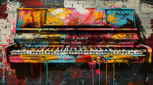 World Jazz Day, hand draw painting illustration of Piano on wall, Generative Ai