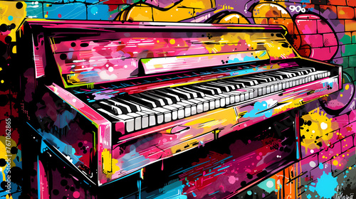 World Jazz Day, hand draw painting illustration of Piano on wall, Generative Ai