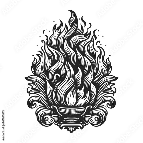 campfire with roaring flames and logs, executed in a detailed engraved style sketch engraving generative ai fictional character vector illustration. Scratch board imitation. Black and white image.