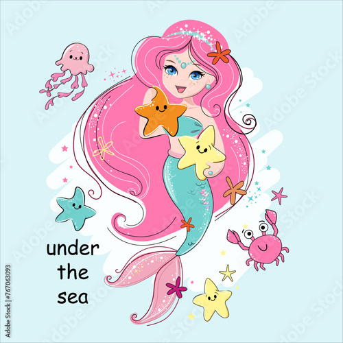 Cute cartoon illustration with beautiful mermaid and starfish on a blue background. Summer concept under the sea. T-shirt art, pajamas print for kids