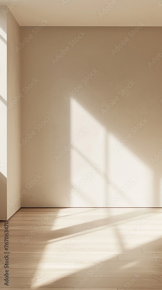 Simple pure room with sunlight, minimal design, soft shadows, 