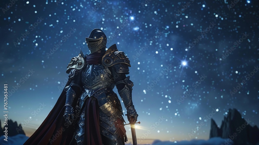 Naklejka premium Quixotic knight under starry sky, wide angle, dreamlike illumination, 