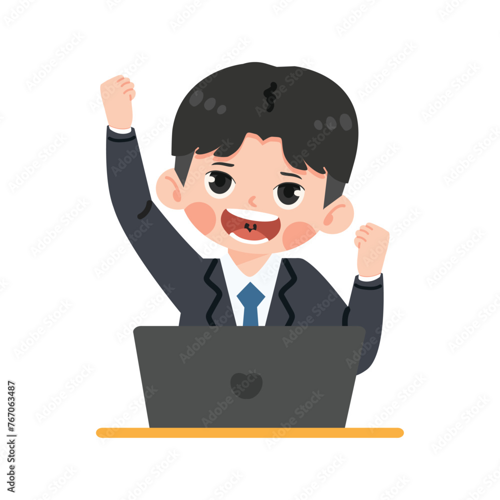 Successful Business man excited hold fist hand up gesture with laptop Successful Business man excited hold fist hand up gesture with laptop