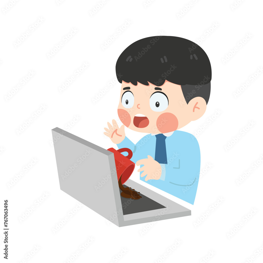 Businessman Spilled coffee on laptop cartoon Businessman Spilled coffee on laptop cartoon