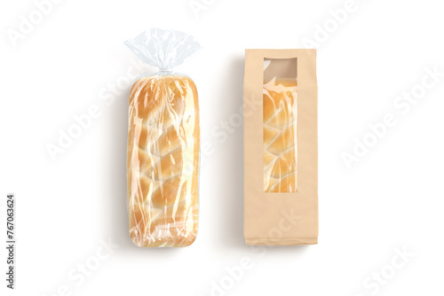 Blank transparent cellophane and craft paper bread pack mockup, isolated