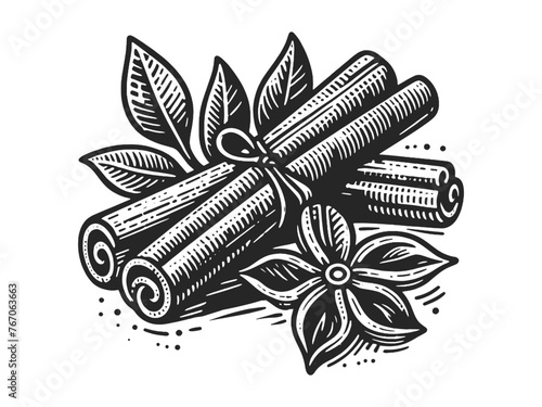 aromatic cinnamon sticks crossed over star anise in the foreground, exuding a warm, spicy scent sketch engraving generative ai vector illustration. Scratch board imitation. Black and white image.