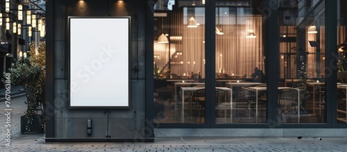 Mockup of a white paper poster showcased outside a restaurant building, illustrating marketing and business themes. photo