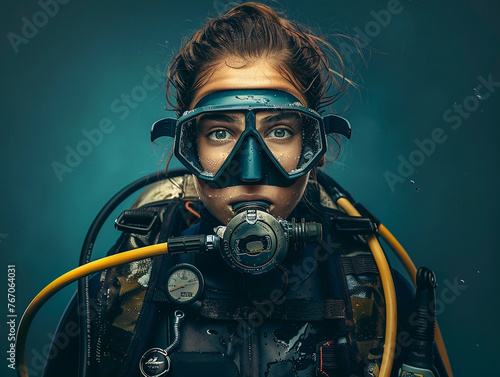 A woman in scuba diving gear and rubber wetsuit 