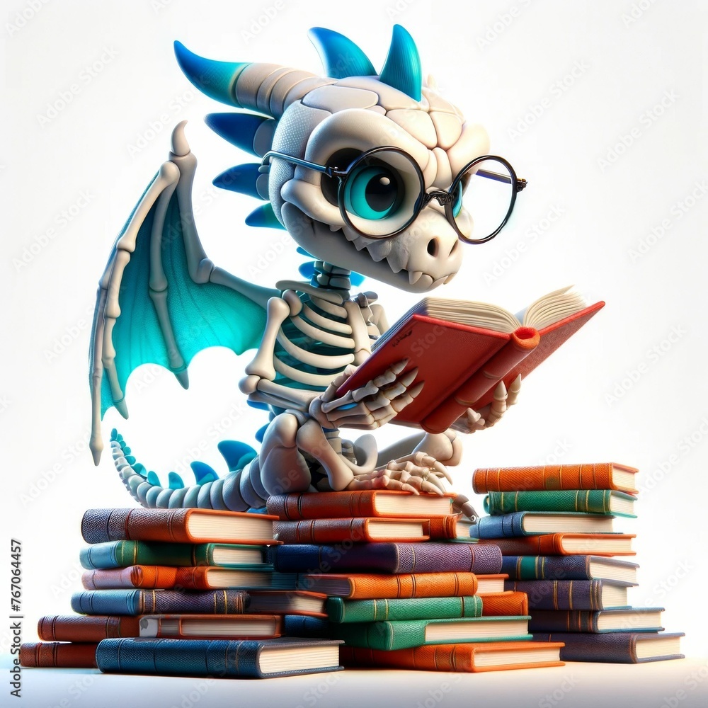 A whimsical 3D rendering of a dragon skeleton wearing glasses, deeply engrossed in reading a book while perched upon a colorful pile of hardcovers.