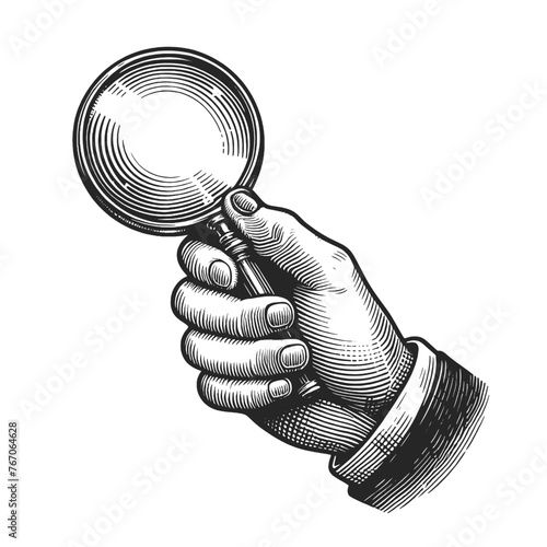 hand holding a magnifying glass, symbolizing search, scrutiny, and discovery sketch engraving generative ai fictional character vector illustration. Scratch board imitation. Black and white image.