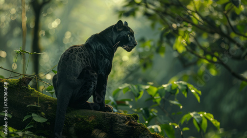 Black panther sitting on a tree in the jungle