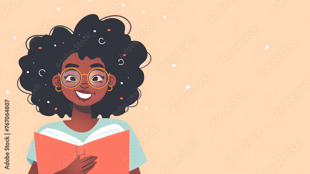 A happy and smiling black teenage girl is holding a red book on a plain beige background with copy-space for text. Cartoon illustration style. A happy and smiling black teenage girl is holding a red book on a plain beige background with copy-space for text. Cartoon illustration style.