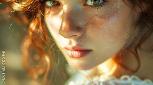 Close-up portrait of a beautiful young woman with red hair and green eyes. She is looking at the camera with a soft, serene expression.