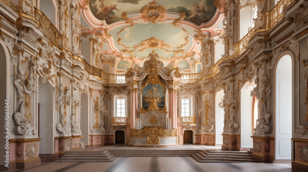 Grand baroque palace with frescoed ceilings and ornate moldings.