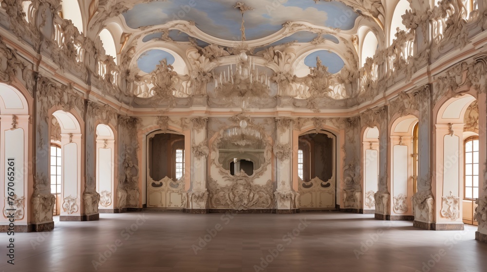 Grand baroque palace with frescoed ceilings and ornate moldings.