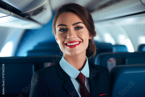 A smiling stewardess in a spacious airplane cabin, ensuring passenger safety and comfort during the flight. © Klemenso