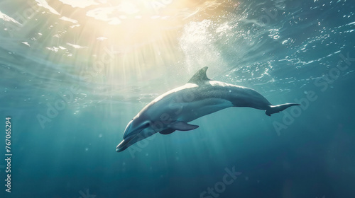 Closeup of a dolphin swimming underwater, sun is shining through the surface © standret