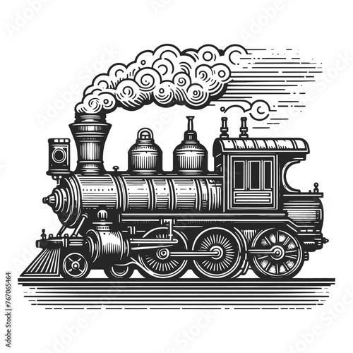 Steam locomotive train in steampunk style sketch engraving generative ai vector illustration. Scratch board imitation. Black and white image.