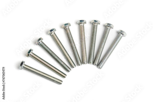 Nine stainless steel bolts isalated on white background