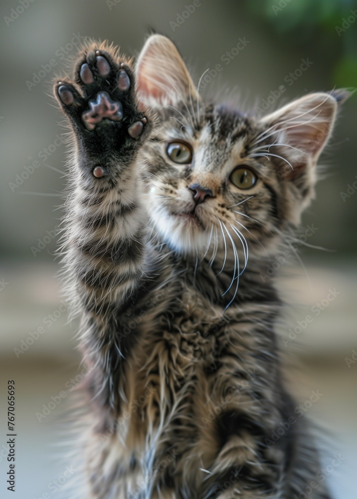 A cat with its paw raised closeup