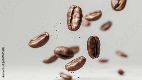 Freshly roasted coffee beans falling through the air against a white background.
