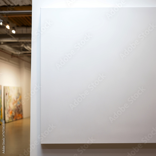 A large empty rectangular canvas hangs in the gallery, half of the canvas is visible, the canvas in the gallery is a mockup.
