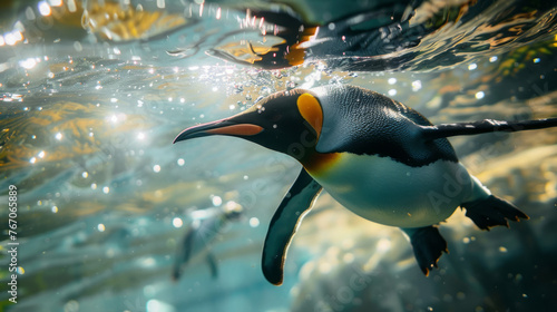 Closeup of a king penguin diving underwater, sun is shining through the water surface