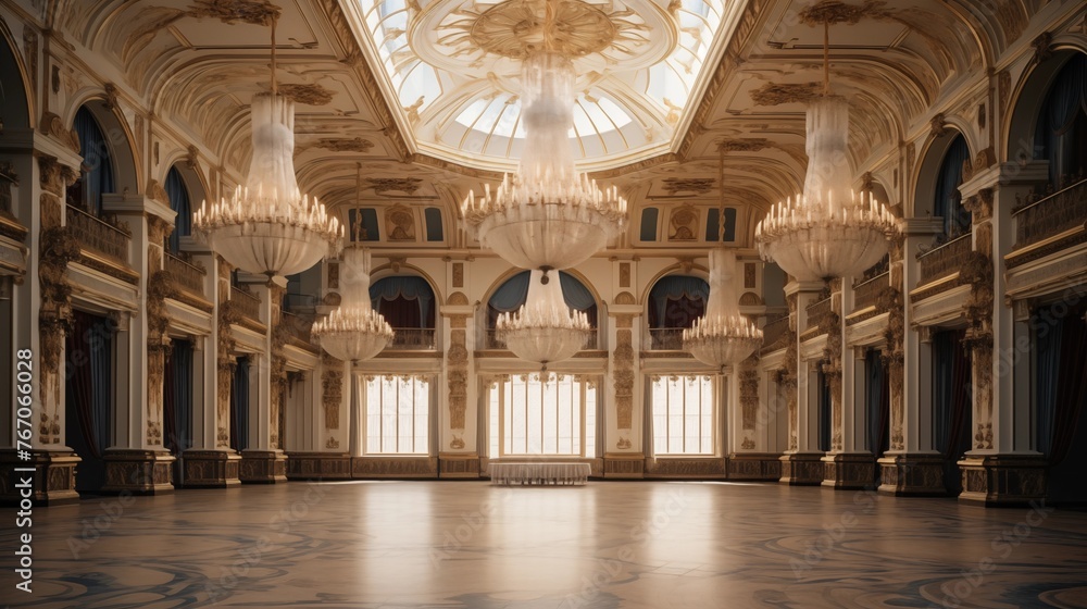 Grand European palace ballroom with chandeliers and gilded accents.