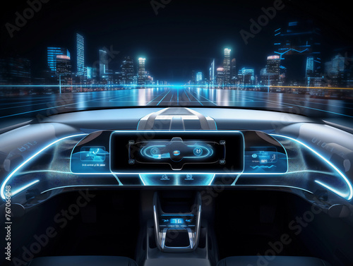 autonomous futuristic car dashboard concept with HUD and hologram screens and infotainment system as wide banner 