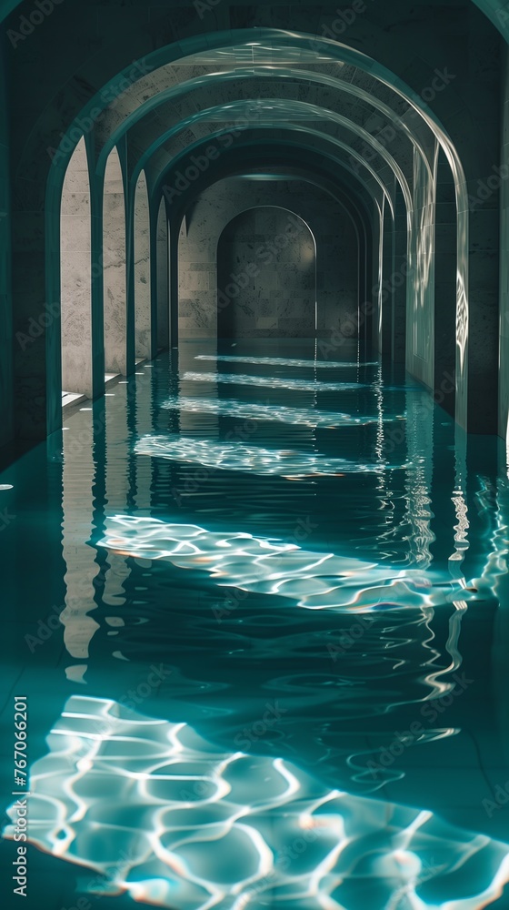 Empty indoor swimming pool with soft lighting. Serene, tranquil atmosphere, with stillness of water creating sense of calmness and serenity. Peaceful ambiance space, relaxation and contemplation. Empty indoor swimming pool with soft lighting. Serene, tranquil atmosphere, with stillness of water creating sense of calmness and serenity. Peaceful ambiance space, relaxation and contemplation.