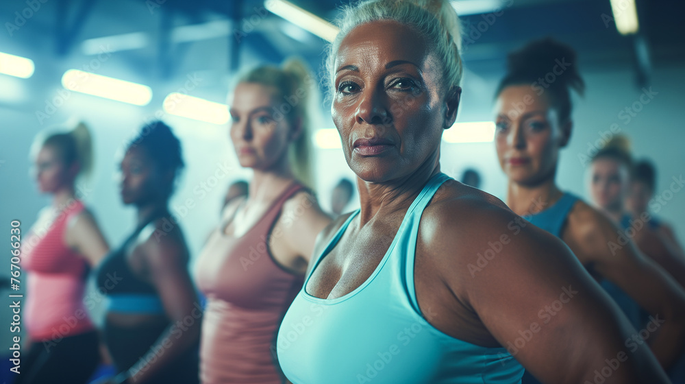 Portrait of an adult African American woman in sportswear, in the fitness room during a workout. Portrait of an adult African American woman in sportswear, in the fitness room during a workout.